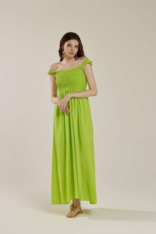 Plus Ruffle Straps Smocked Top High Slit Dress | in Lime | view 5 | noflik | us.meeeshop