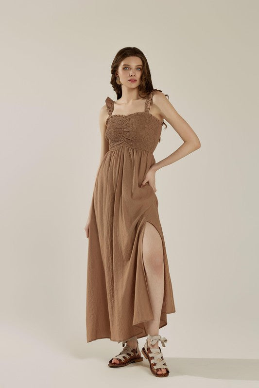 Plus Ruffle Straps Smocked Top High Slit Dress | in Mocha | noflik | us.meeeshop