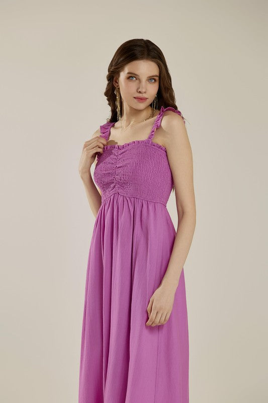 Plus Ruffle Straps Smocked Top High Slit Dress | in D.k pink | view 3 | noflik | us.meeeshop