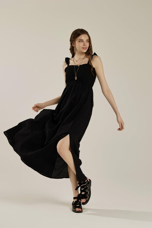 Plus Ruffle Straps Smocked Top High Slit Dress | in Black | view 11 | noflik | us.meeeshop