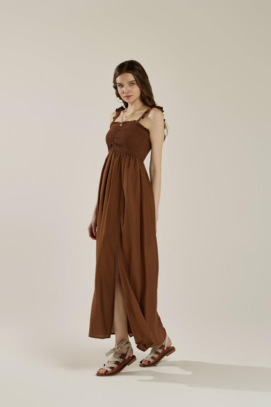 Plus Ruffle Straps Smocked Top High Slit Dress | in Chocolate | view 9 | noflik | us.meeeshop