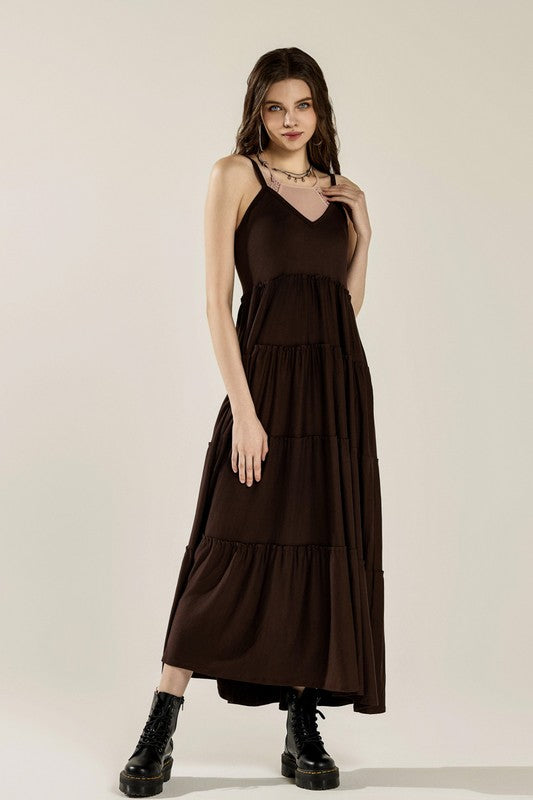 Plus Knit V-neck Ruffle Tiers Knit Maxi Dress | in Chocolate | view 6 | noflik | us.meeeshop