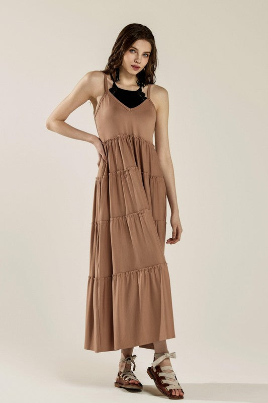 Plus Knit V-neck Ruffle Tiers Knit Maxi Dress | in Mocha | noflik | us.meeeshop