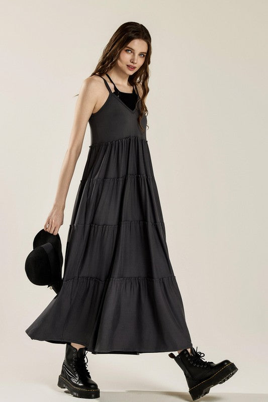 Flowy Knit V-Neck Ruffle Tiers Knit Maxi Dress | view 3 | Noflik | us.meeeshop