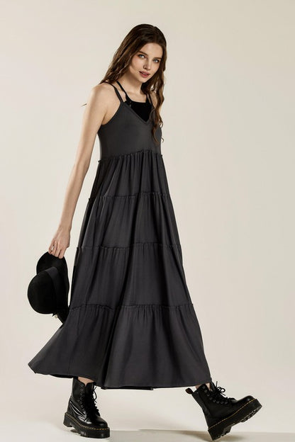 Flowy Knit V-Neck Ruffle Tiers Knit Maxi Dress | view 3 | Noflik | us.meeeshop