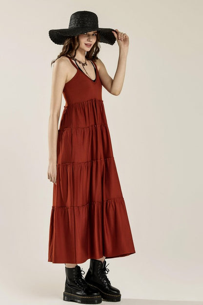 Flowy Knit V-Neck Ruffle Tiers Knit Maxi Dress | view 8 | Noflik | us.meeeshop
