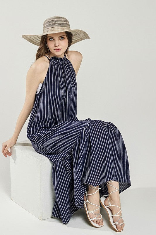 Plus Stripe High Ruffle Neckline Tiered Maxi Dress | in Navy/White | noflik | us.meeeshop