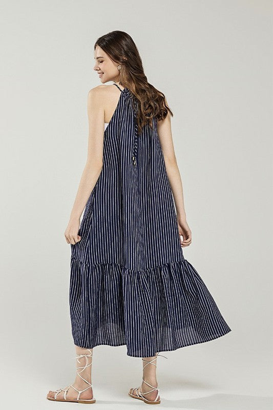 Plus Stripe High Ruffle Neckline Tiered Maxi Dress | view 5 | noflik | us.meeeshop