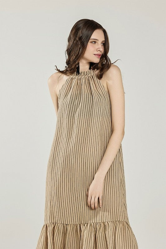 Plus Stripe High Ruffle Neckline Tiered Maxi Dress | in Taupe/Black | view 6 | noflik | us.meeeshop