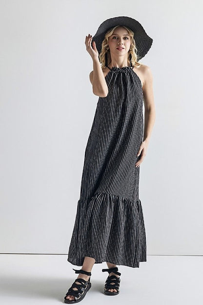 Plus Stripe High Ruffle Neckline Tiered Maxi Dress | in Black/White | view 10 | noflik | us.meeeshop