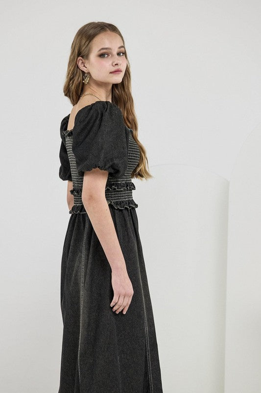 denim off shoulder Denim Off Shoulder Puff Sleeves Smocked Dress view 2 (dress) - shop at us.meeeshop
