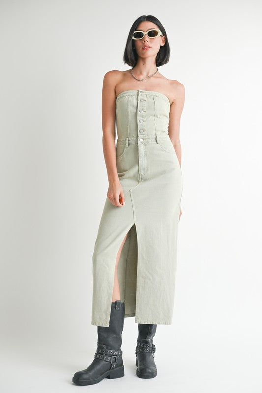 button tube denim Button up Tube Denim Dress with Slit WASHED DENIM (dress) - shop at us.meeeshop