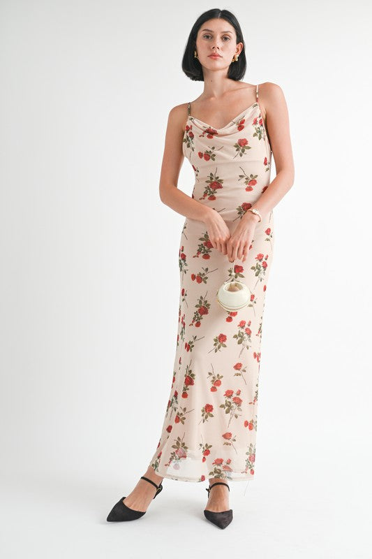 cowl neck maxi Cowl Neck Maxi Dress with Open Back NATURAL RED FLORAL (dress) - shop at us.meeeshop