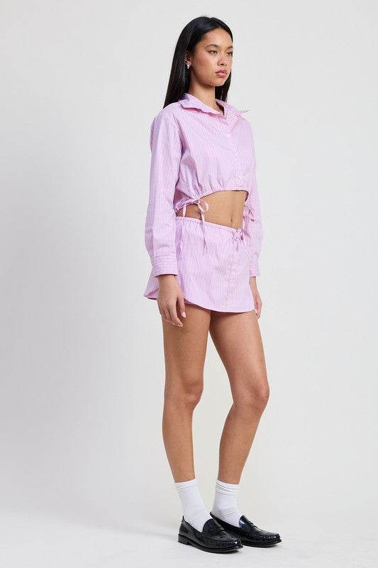 Button Up Top Cropped Top With Drawstring - us.meeeshop