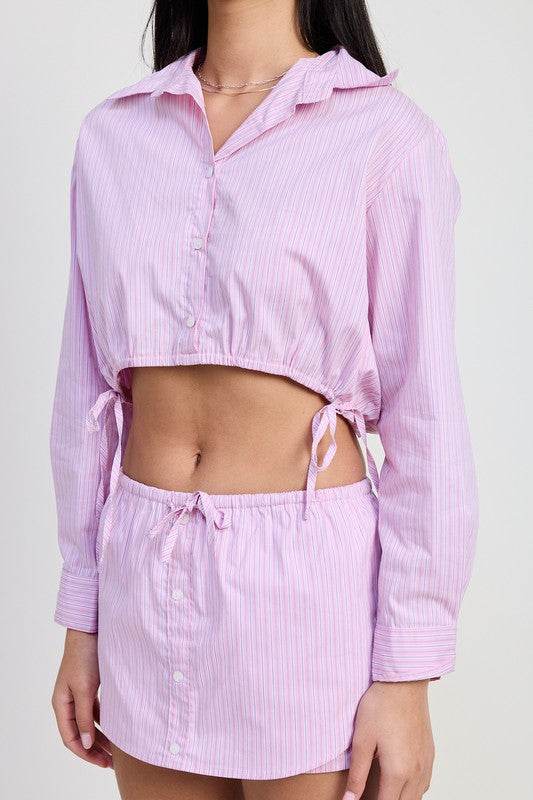 Button Up Top Cropped Top With Drawstring - us.meeeshop