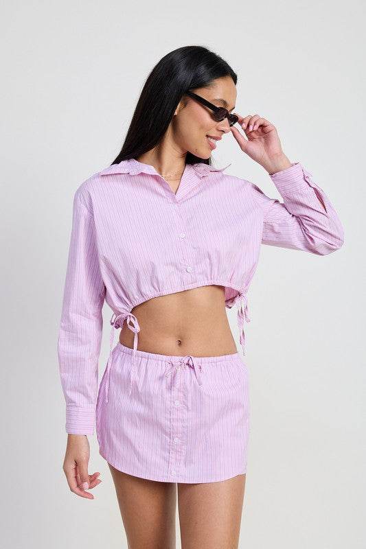 Button Up Top Cropped Top With Drawstring - us.meeeshop