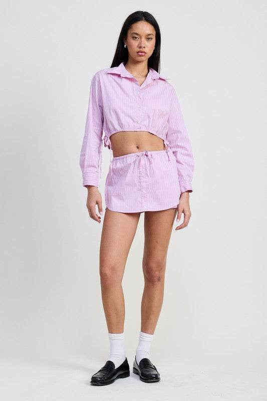 Button Up Top Cropped Top With Drawstring - us.meeeshop