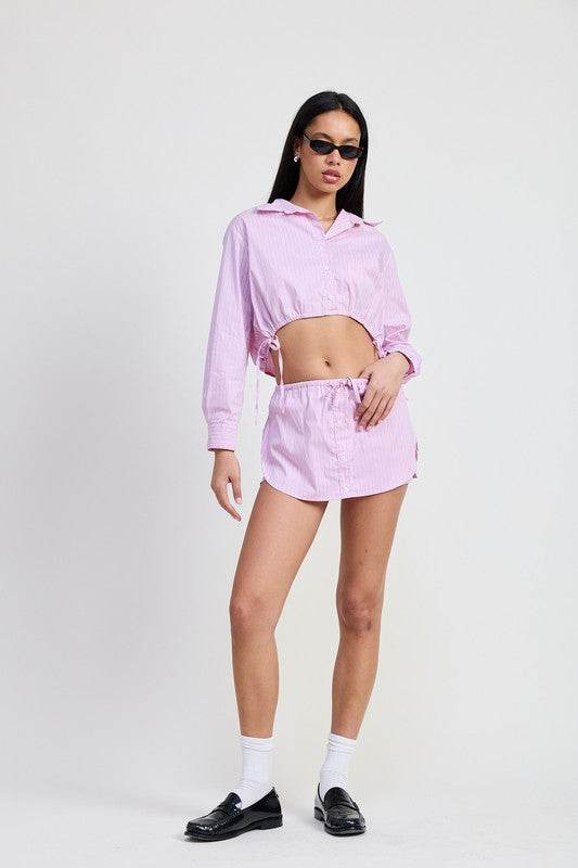 Button Up Top Cropped Top With Drawstring - us.meeeshop