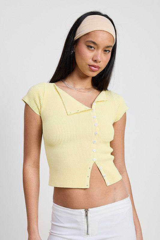 Cap Sleeve Boat Neck Top With Button Detail - us.meeeshop