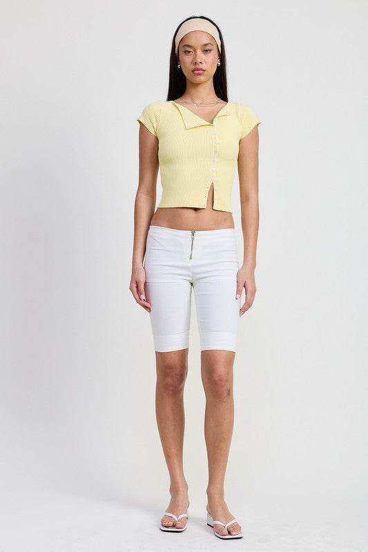 Cap Sleeve Boat Neck Top With Button Detail - us.meeeshop