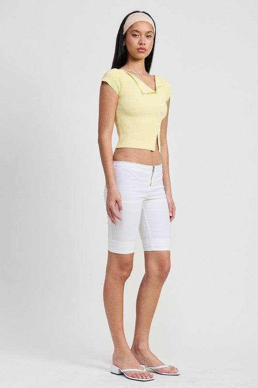 Cap Sleeve Boat Neck Top With Button Detail - us.meeeshop