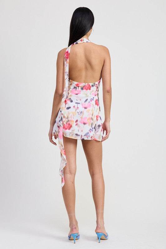 Mini Halter Neck Floral Dress - us.meeeshop