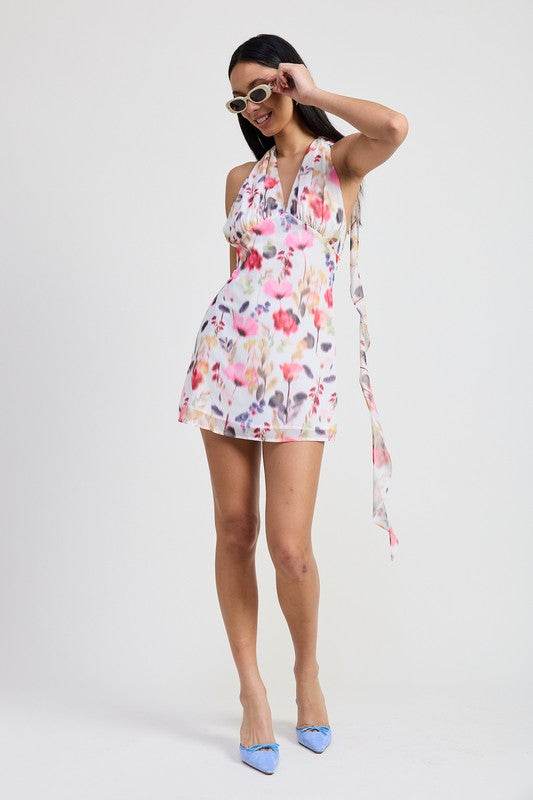 Mini Halter Neck Floral Dress - us.meeeshop