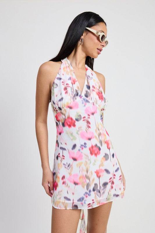 Mini Halter Neck Floral Dress - us.meeeshop