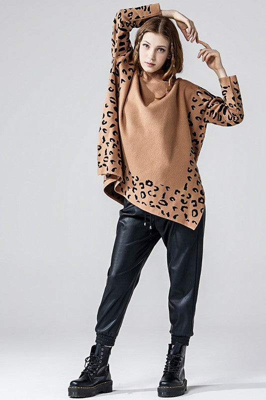 Plus Oversize Mockneck Leopard Print Sweater Tunic | view 3 | noflik | us.meeeshop