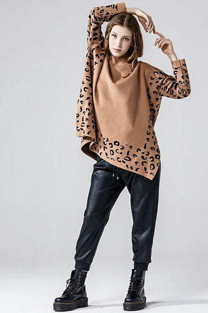 Plus Oversize Mockneck Leopard Print Sweater Tunic | view 3 | noflik | us.meeeshop