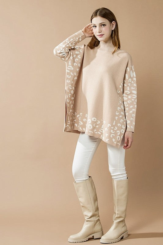 Plus Oversize Mockneck Leopard Print Sweater Tunic | in Taupe/Off White | view 10 | noflik | us.meeeshop