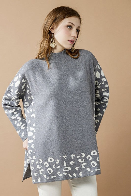Plus Oversize Mockneck Leopard Print Sweater Tunic | in Grey/Off White | view 7 | noflik | us.meeeshop