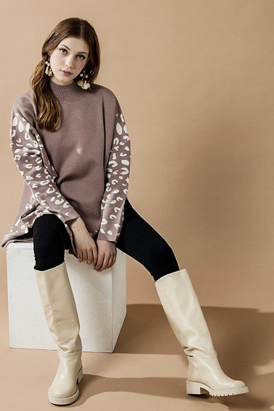 Plus Oversize Mockneck Leopard Print Sweater Tunic | in Coco/Off White | view 13 | noflik | us.meeeshop