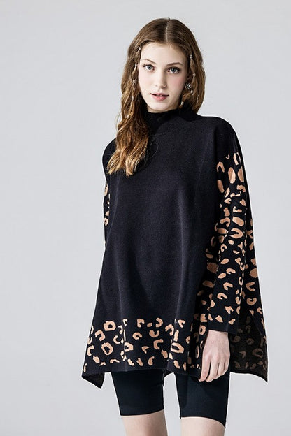 Plus Oversize Mockneck Leopard Print Sweater Tunic | in Black/Camel | view 4 | noflik | us.meeeshop