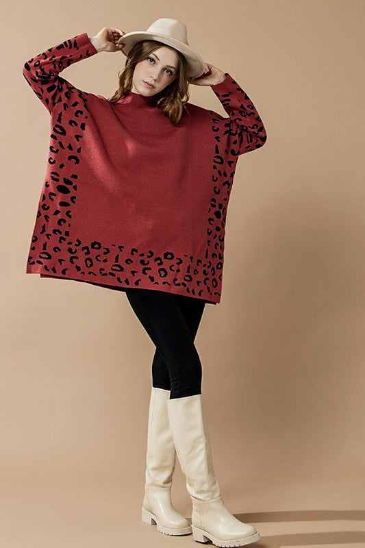 Plus Oversize Mockneck Leopard Print Sweater Tunic | in Marsala/Black | view 16 | noflik | us.meeeshop