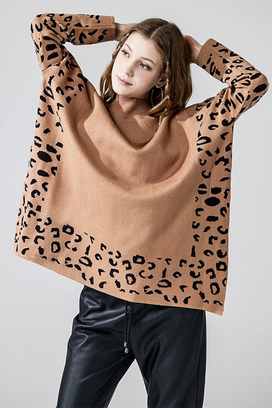 Plus Oversize Mockneck Leopard Print Sweater Tunic | in Camel/Black | noflik | us.meeeshop