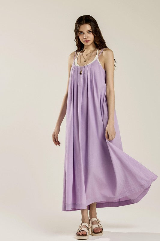 Plus Sleeveless Tuck Detail Dress with Tie Back | in Lavender | view 7 | noflik | us.meeeshop