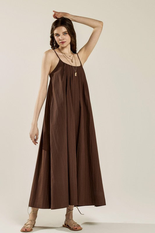 Plus Sleeveless Tuck Detail Dress with Tie Back | in Chocolate | view 15 | noflik | us.meeeshop