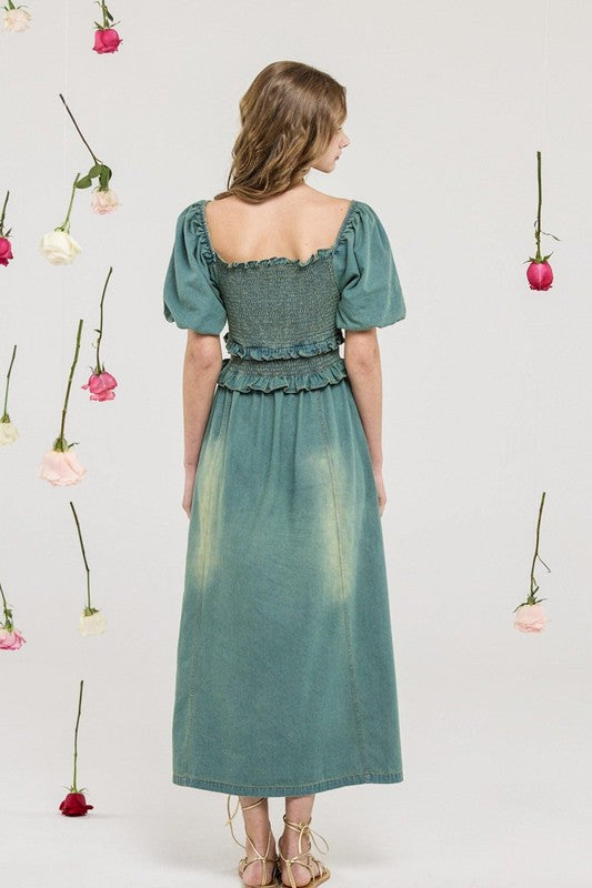 Plus Denim Off Shoulder Puff Slv Smocked Dress | view 2 | noflik | us.meeeshop