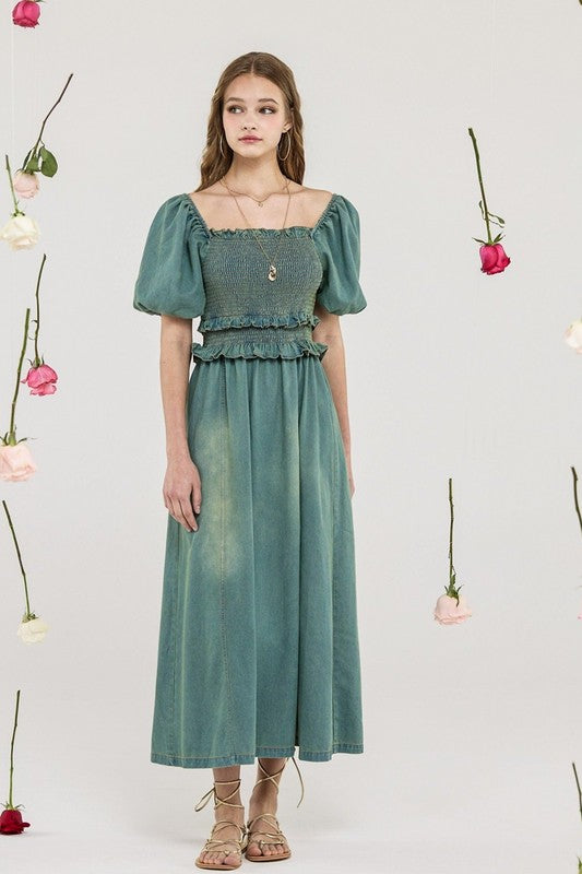 Plus Denim Off Shoulder Puff Slv Smocked Dress | in Denim Blue | noflik | us.meeeshop
