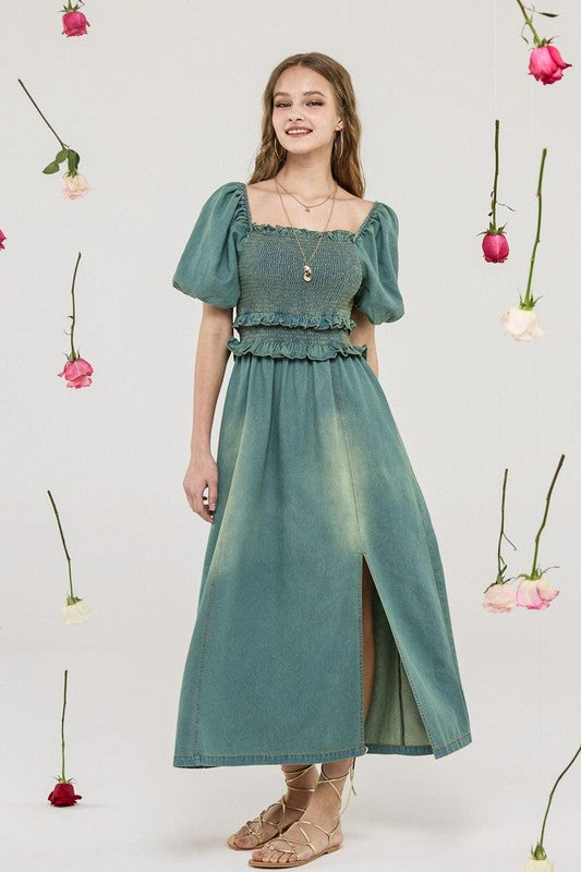Plus Denim Off Shoulder Puff Slv Smocked Dress | view 3 | noflik | us.meeeshop