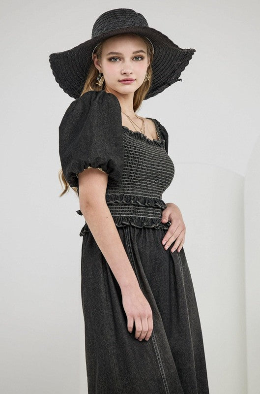 Plus Denim Off Shoulder Puff Slv Smocked Dress | in Black Denim | view 6 | noflik | us.meeeshop