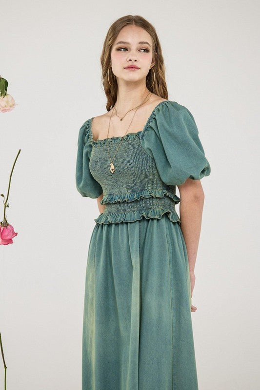 Plus Denim Off Shoulder Puff Slv Smocked Dress | in Denim Blue | noflik | us.meeeshop