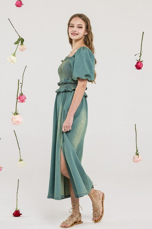 Plus Denim Off Shoulder Puff Slv Smocked Dress | view 2 | noflik | us.meeeshop