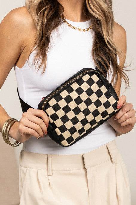 Alva Mixed Media Check Sling Belt Bum Bag - us.meeeshop