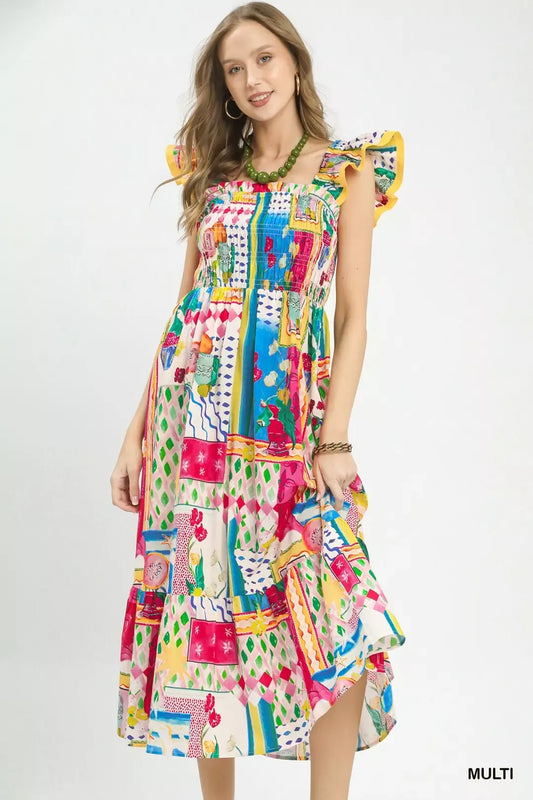 Umgee Abstract Print Smocked Ruffle Sleeve Tiered Midi Dress (women's dresses) - shop at us.meeeshop