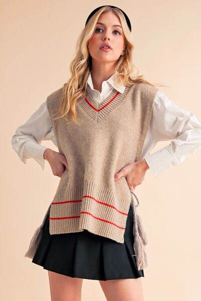 Aemi + Co Ribbed V-Neck Sweater Vest with Tassel - us.meeeshop