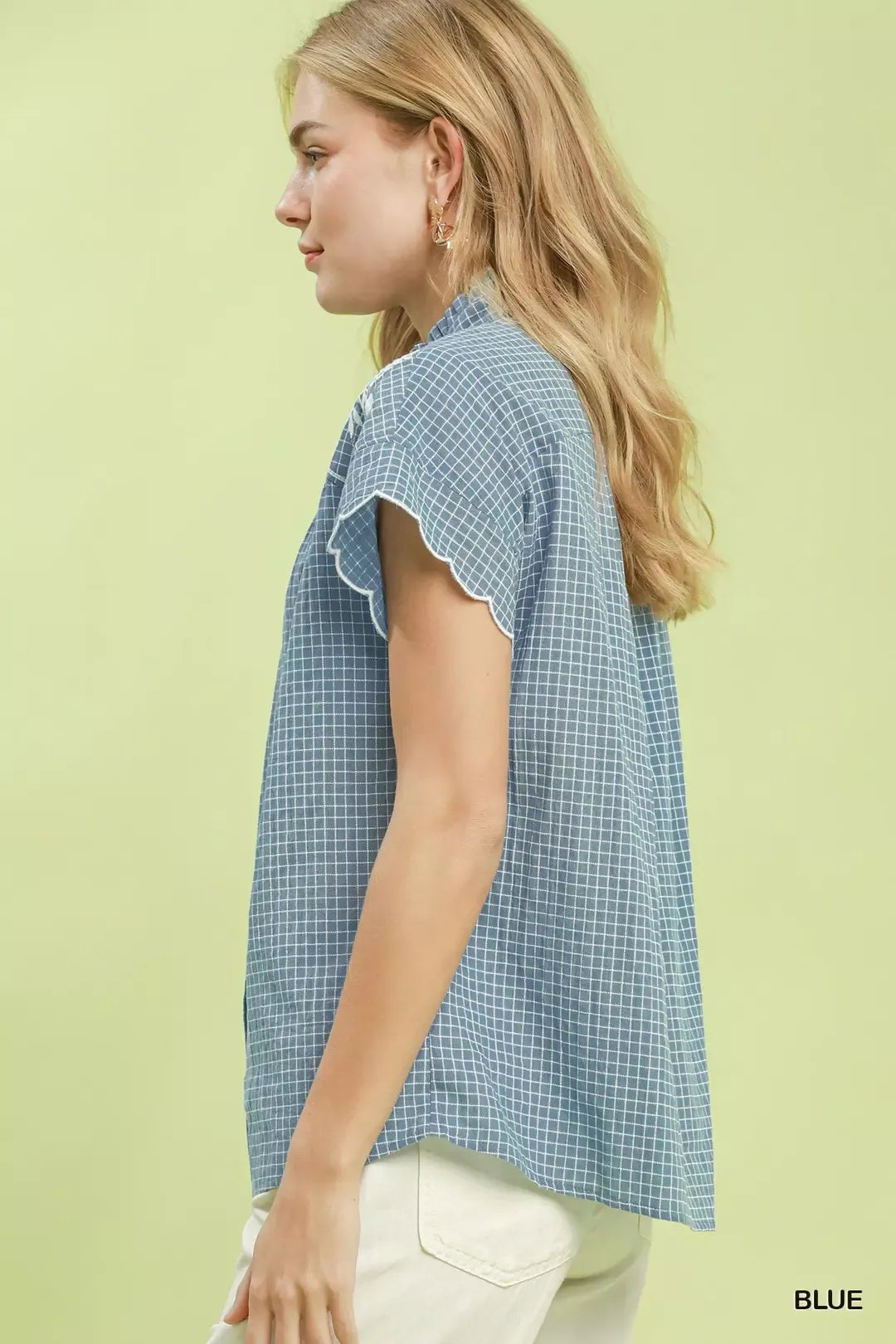 umgee embroidered print Umgee Embroidered Print Scallop Sleeve Button Front Blouse view 2 (top) - shop at us.meeeshop