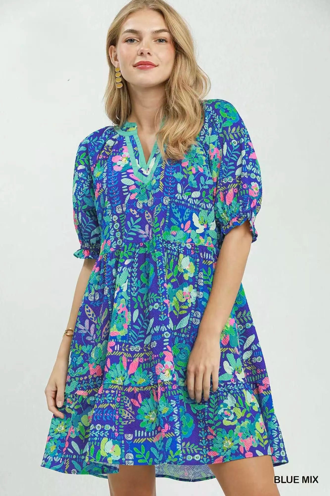 umgee mix botanical Umgee Mix Botanical Print Puff Sleeve Tiered Dress BLUE MIX (dress) - shop at us.meeeshop