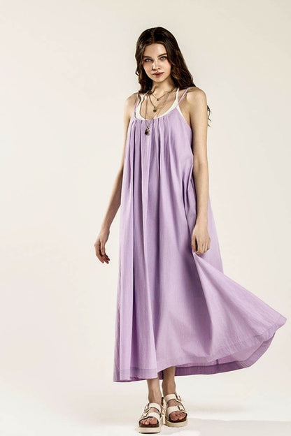 Sleeveless Tuck Detail Dress with Tie Back | in Lavender | view 3 | noflik | us.meeeshop